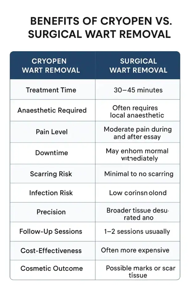 Table showing the benefits of cryopen to remove warts Solihull compared to surgical treatment